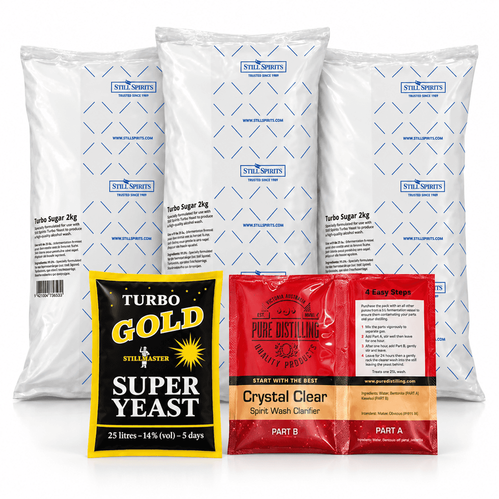 Still Master Turbo Gold Production Pack - 6kg Still Master Turbo Gold Production Pack with three 2kg Turbo Sugar bags, Turbo Gold yeast and Pure Distilling Crystal Clear